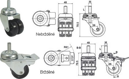 Black Plastic Twinwheel Castors with Threaded Stem